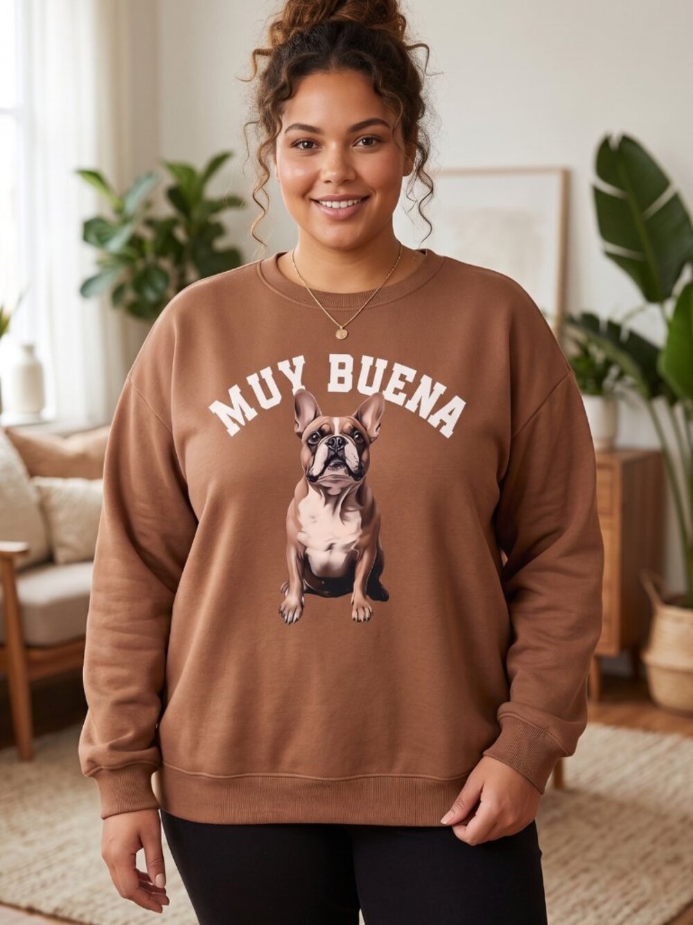 NWOT Oversized Brown French Bulldog Muy Buena Graphic Fleece Pullover Top Large
